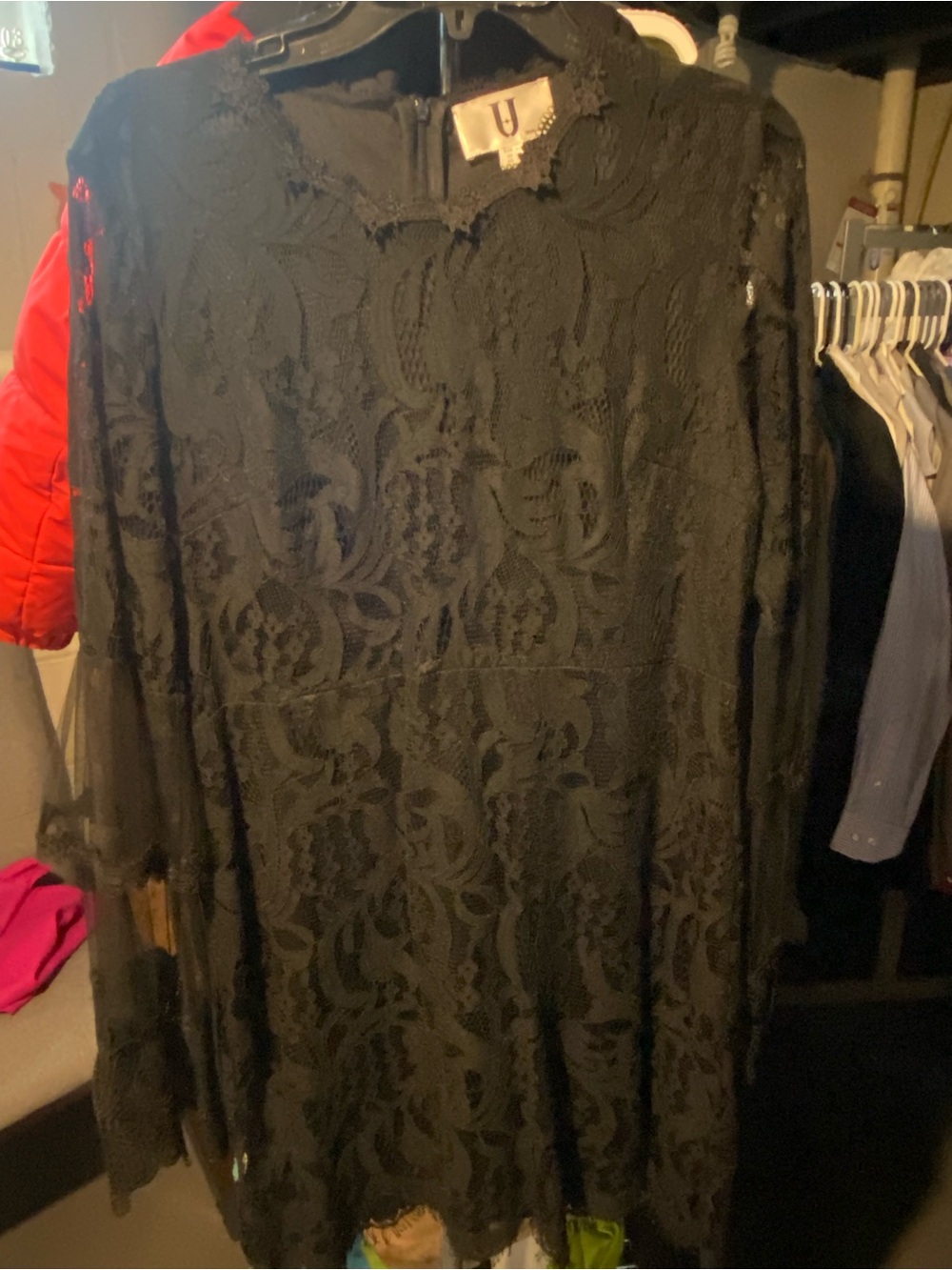 Black Lace Long-Sleeve Mini Dress with Sheer Sleeves